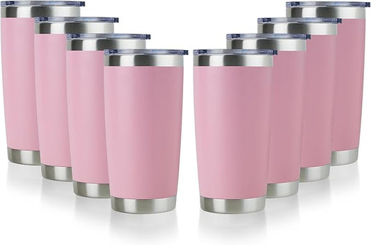 DOMICARE 20oz Stainless Steel Tumbler Bulk with Lid, Double Wall Vacuum Insulated Travel Mug, Powder Coated Coffee Cup, Pink, 8 Pack