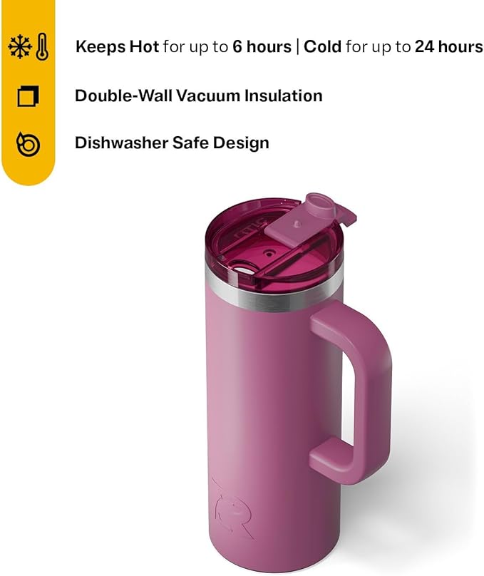 RTIC 20oz Road Trip Travel Mug with Lid and Handle, Ceramic Lined, Insulated, Stainless Steel, Metal, Double Wall Vacuum-Insulation, Portable Coffee, Tea Cup for Hot and Cold Drink, Orchid