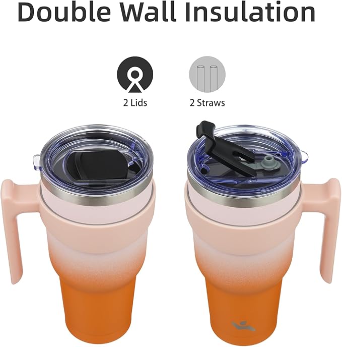 40 oz Tumbler with Handle and 2 Straw 2 Lid, Insulated Water Bottle Stainless Steel Vacuum Cup Reusable Travel Mug,Coral