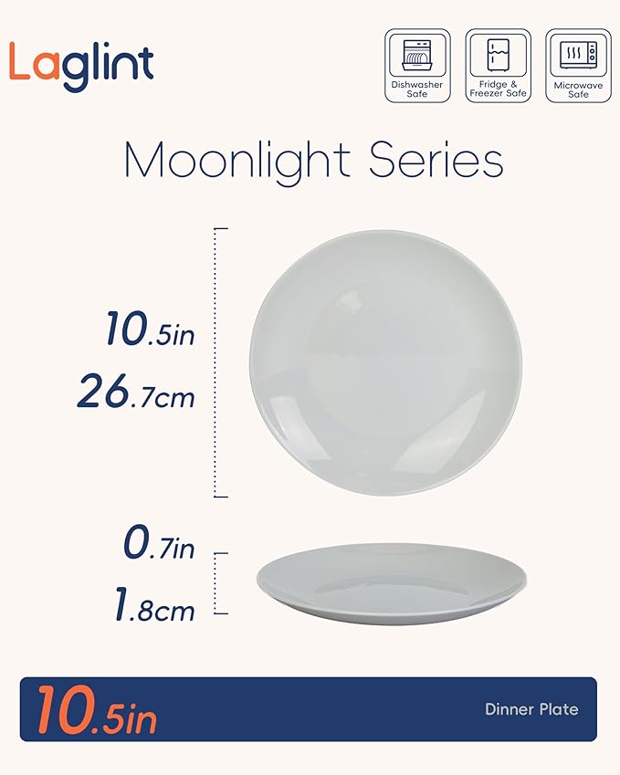 10.5 inch Dinner Plate Set of 6, Lightweight Round Opal Glass Grey Dinnerware Plates, Dishwasher and Microwave Safe