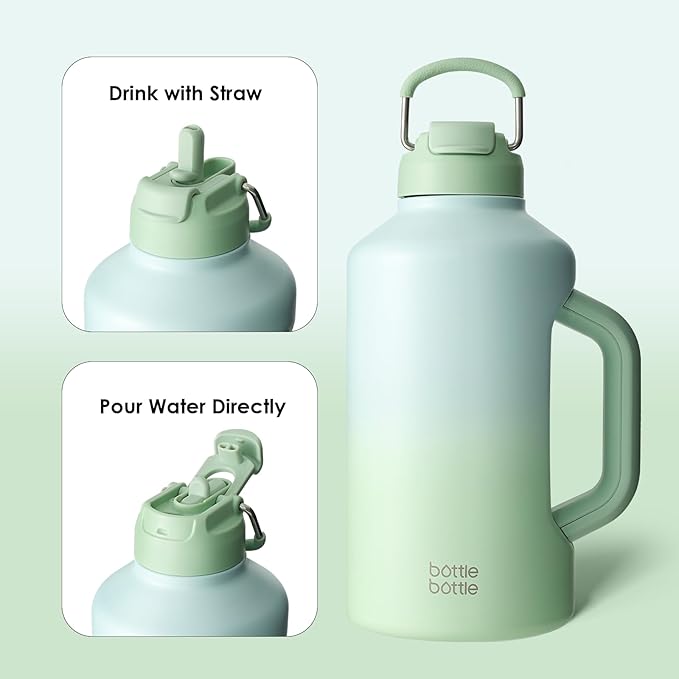 BOTTLE BOTTLE Insulated Water Bottle 64 oz with Straw and Dual-use Lid Stainless Steel Water Bottle with Handle Vacuum Insulated Jug for Workout and Sports green gradient