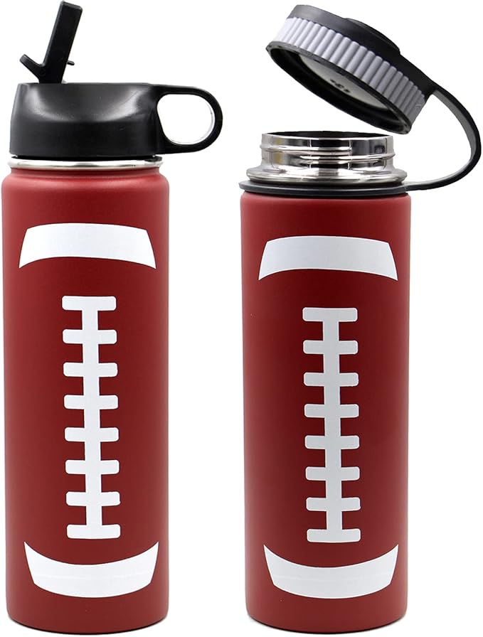 22 oz Football Water Bottle, Metal Thermo Travel Mug Sports Flask with 2 Lids, Stainless Steel Double Wall Vacuum Leak Proof Insulated Water Bottles, Football Accessories Gifts for Mom Men Boys Girls