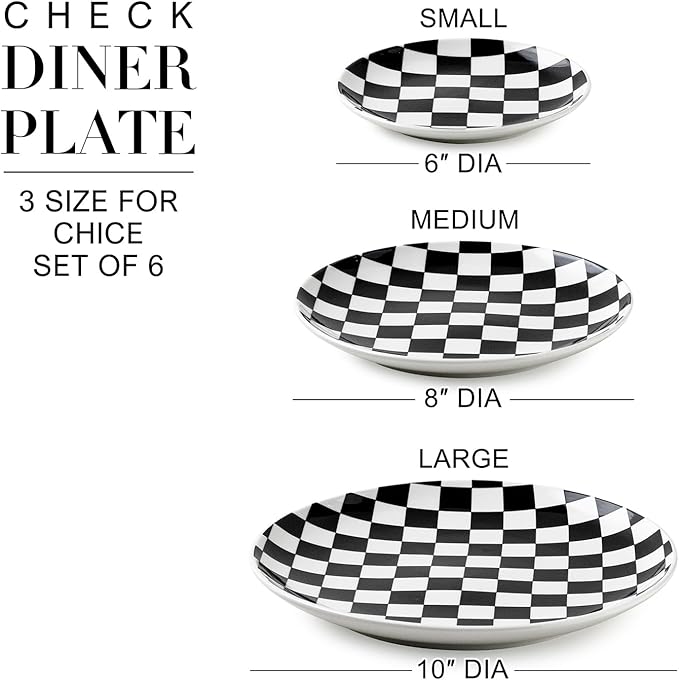 Ceramic Dinner Plates Set of 6-10 Inch Salad Plates, Black and White Checkered Porcelain Dinner Plates Microwave, Oven & Dishwasher Safe, Minimalist Porcelain Dish Set