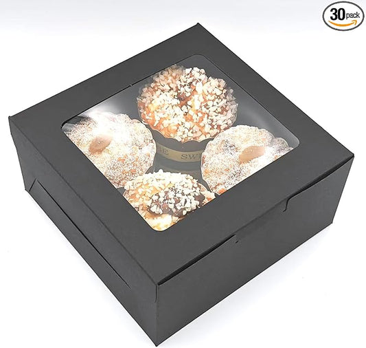 30-Set Cupcake Boxes Bulk with Clear Display Window Hold 4 Standard Cupcakes, Disposable Food Grade Black Cupcake Carrier Cupcake Container, Perfect for Cupcakes Muffins Cookies Pastries