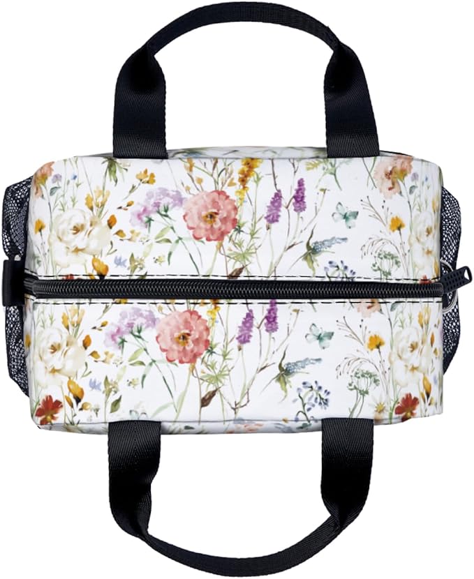 Wildflower Garden Flowers Floral Boho Watercolor Flower Lunch Bag for Women Men Cute Large Capacity Thermal Lunch Tote Reusable Washable with Adjustable Shoulder Strap and Dual Large Mesh Side Pockets