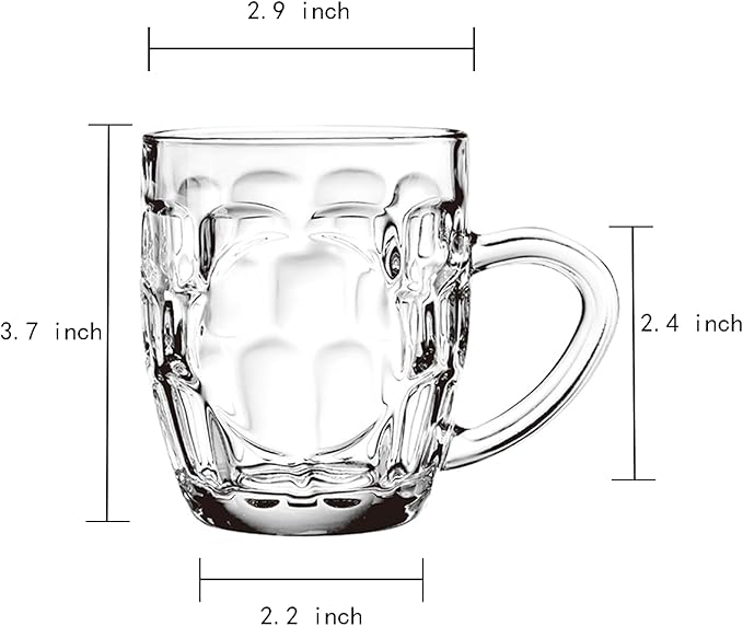 Dimple Stein Beer Mug Set, 10 oz Beer Glasses with Handle, Glass Beer Mugs, Dishwasher and Freezer Safe, Clear and Sturdy, Set of 2