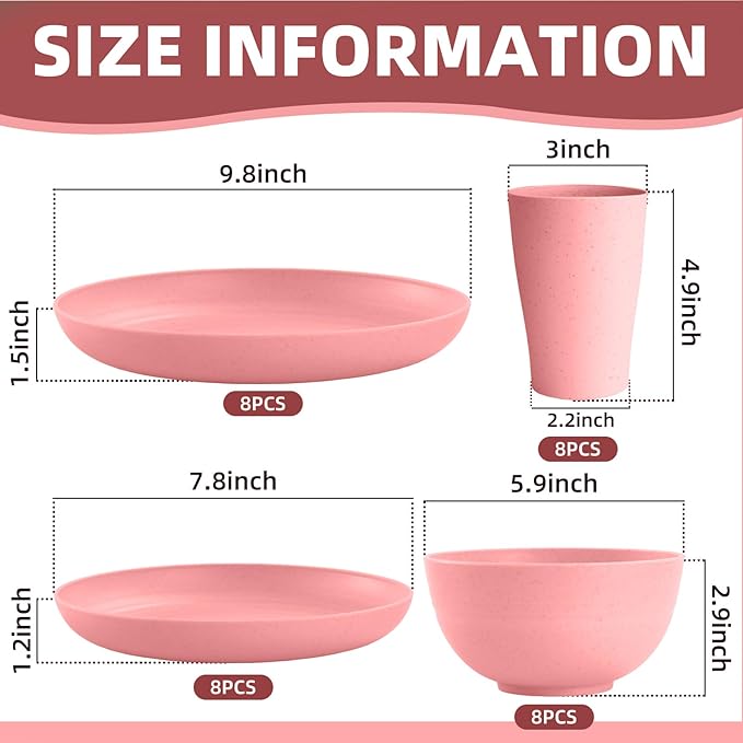 Pink Dinnerware Sets for 8,Pink Plates and Bowls Sets Plastic,Wheat Straw Dinnerware Sets Unbreakable Microwave Safe Lightweight,32 Pcs Christmas Dishes Set for Kids Elderly Kitchen Outdoor