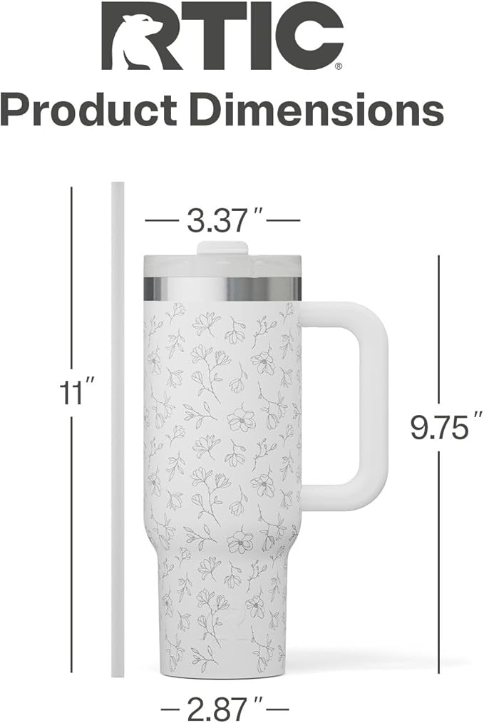 RTIC 30 oz Road Trip Tumbler Double-Walled Ceramic Lined InsulatedStainless Steel Portable Travel Coffee Mug Cup with Lid, Handle and Straw, White Magnolias