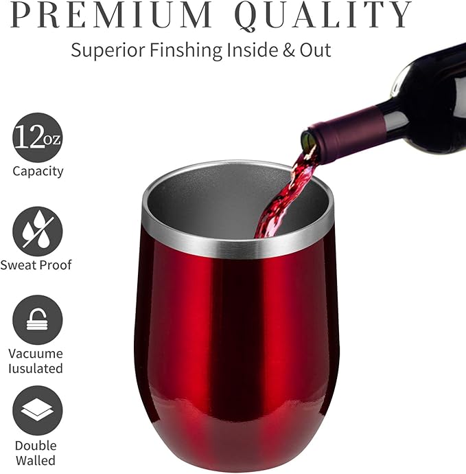 MEWAY 12oz/8 Pack Wine Tumbler Glasses with Lid - Stemless Double Wall Vacuum Stainless Steel Travel Tumbler - Keeping Cold & Hot for Wine,Coffee,Cocktails,Gifts (Burgundy,Set of 8)