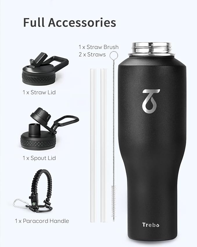Trebo 40 oz Insulated Water Bottle that Fits in Car Cup Holder,Triple Wall Stainless Steel Water Bottles Insulated,LeakProof,Keep 48 hrs Cold & 24 hrs Hot,Metal Tumbler with Paracord Handle,Straw