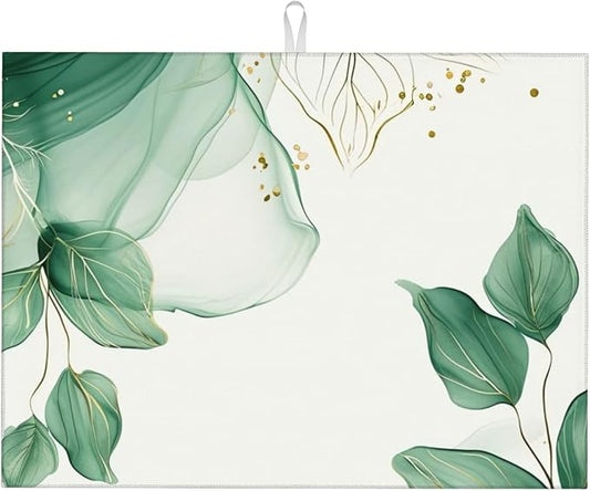 Watercolor Green Palm Leaves Dish Drying Mat 18x24 Inch, Microfiber Absorbent Fast Dry Mat Large Dish Mat Drying Kitchen Mat, Kitchen Drying Pad for Kitchen Counter Coffee Bar Decor Gifts