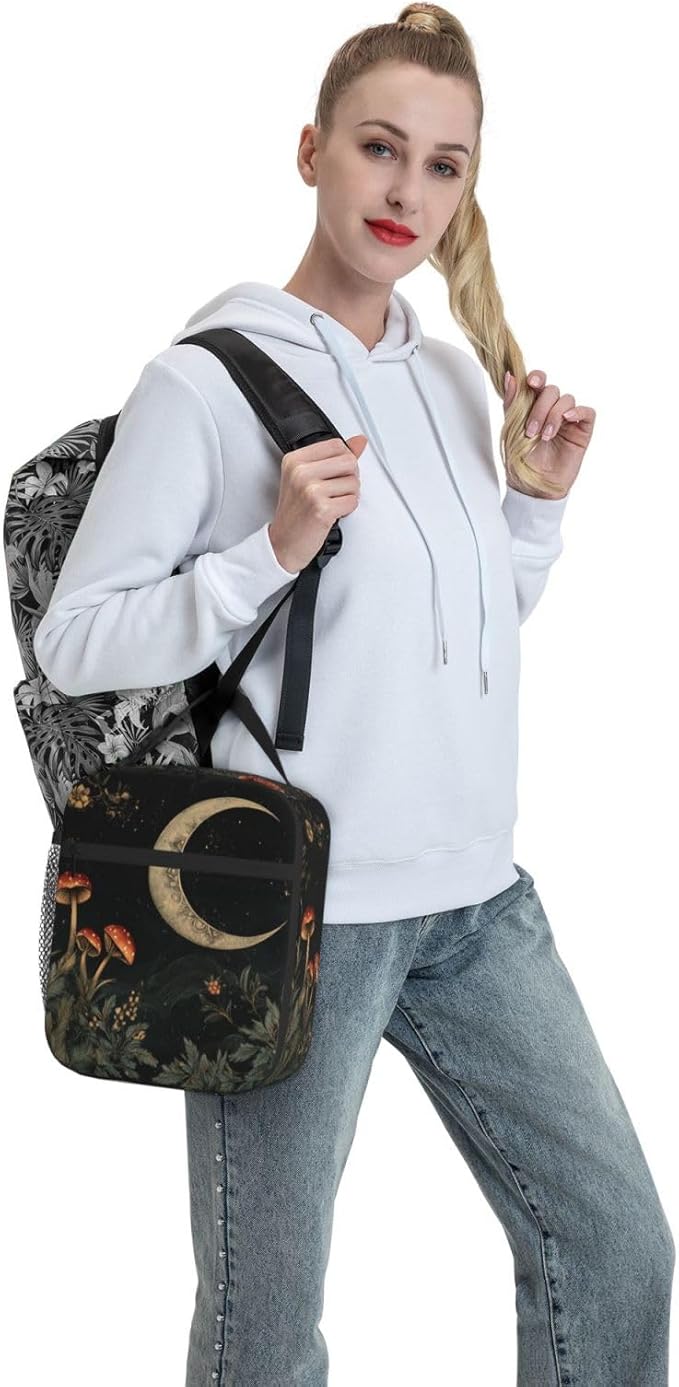 SUPLUCHOM Lunch Bag Botanical Flower Moon Vintage Insulated Bento Box Cooler with Side Pocket for Girl Boy Women Men Work School Picnic Hiking Daytrip