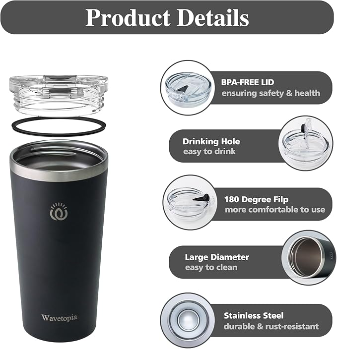 Insulated Coffee Mug with Lid, Reusable Stainless Steel Travel Coffee Cup, 16 Oz Double Wall Vacuum Spill Proof Tumbler Cups for Men and Women Hot & Cold Drinks（White）