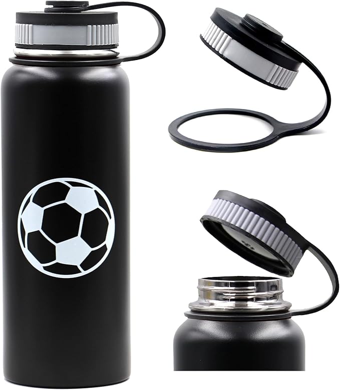 40 oz Soccer Water Bottle, Sports Flask Metal Travel Tumbler with 2 Lids, BPA-Free Stainless Steel Double Wall Vacuum Insulated Leak Proof Water Bottles, Soccer Stuff Gifts for Mom Men Boys Girls Fans