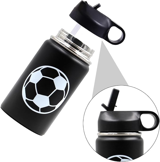 12 oz Soccer Water Bottle, Metal Sports Flask Travel Tumbler with 2 Lids, BPA Free Stainless Steel Leak Proof Double Wall Vacuum Insulated Water Bottles, Soccer Gifts for Boys Girls Player Fans
