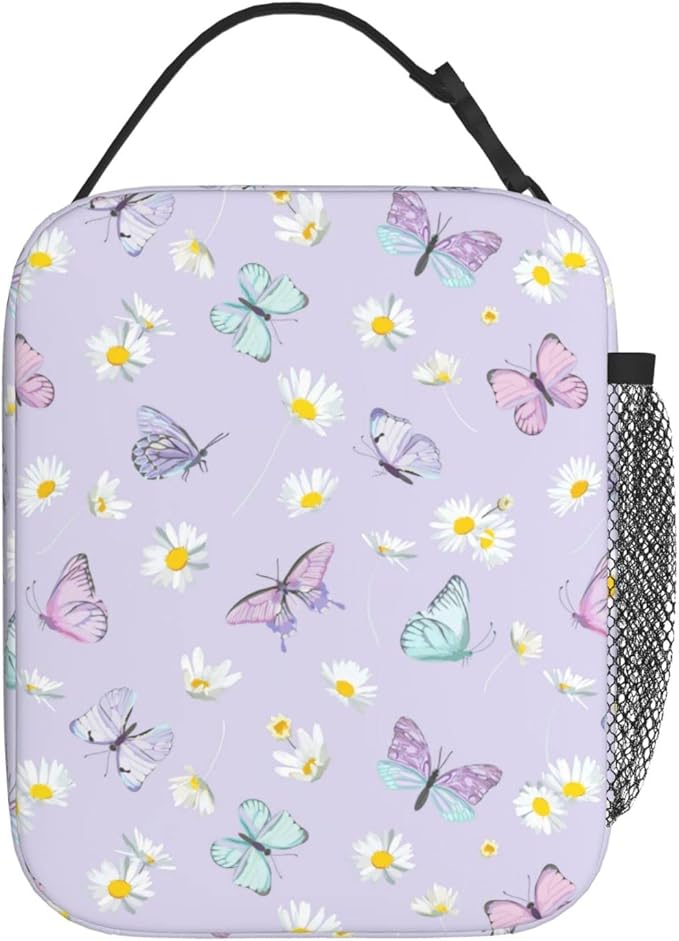 SUPLUCHOM Lunch Bag Butterfly Daisy Flower Purple Insulated Bag Girl Women Reusable with Side Pocket for Work School Picnic Hiking Daytrip Over 3 Years Old