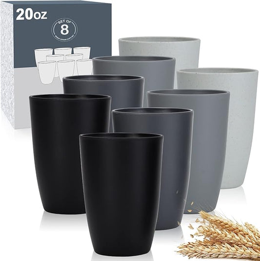 Wrova Wheat Straw Cups 8 PCS Good Alternative to Plastic Cups 20 oz Unbreakable Drinking Cups Reusable Tumbler Set Dishwasher Safe Water Glasses Classic Series