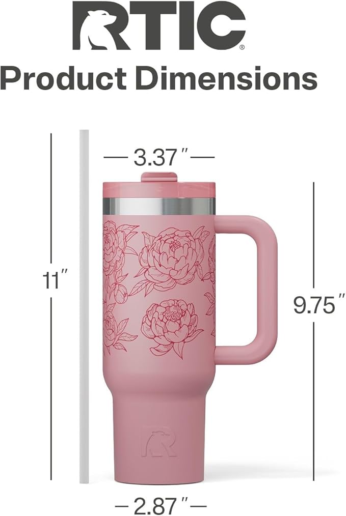 RTIC 30 oz Road Trip Tumbler Double-Walled Ceramic Lined InsulatedStainless Steel Portable Travel Coffee Mug Cup with Lid, Handle and Straw, Pink Peonies