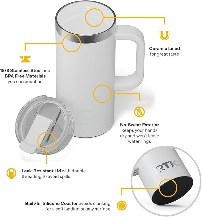 RTIC 16oz Road Trip Travel Mug with Lid and Handle, Ceramic Lined, Insulated, Stainless Steel, Metal, Double Wall Vacuum-Insulation, Portable Coffee, Tea Cup for Hot and Cold Drink, Cool Grey