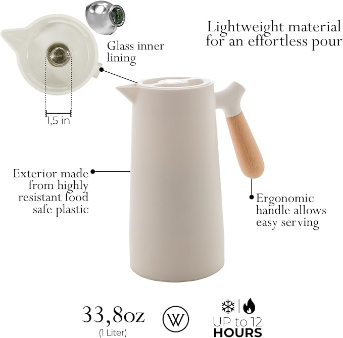 WOLFF - White Thermal Coffee Carafe – 34oz / 1L Insulated Carafe - Food-Safe Plastic Exterior and Glass Liner, Wood-Style Handle – Keeps Drinks Hot or Cold, Leakproof Coffee and Tea Dispenser