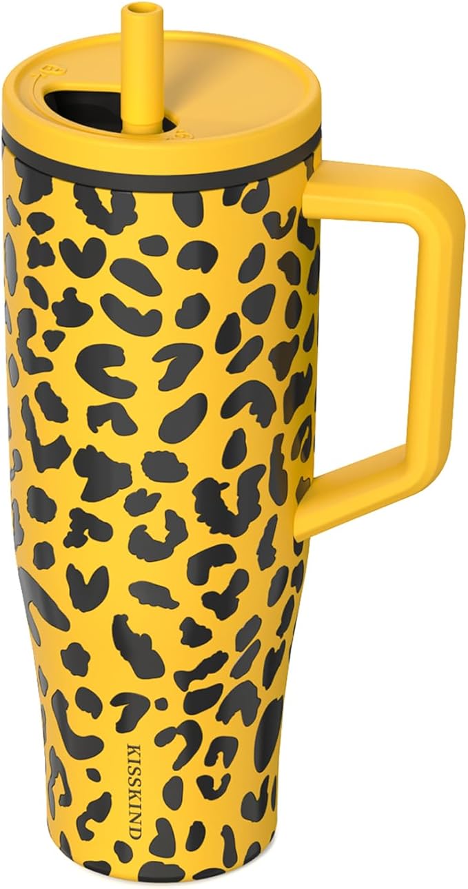 KISSKIND 40 oz Tumbler with Handle and Straw | Lumi Spin Hidden Straw 100% Leakproof Insulated Tumbler | Stainless Steel Water Bottle for Mom, Nurse, Teacher | Cheetah
