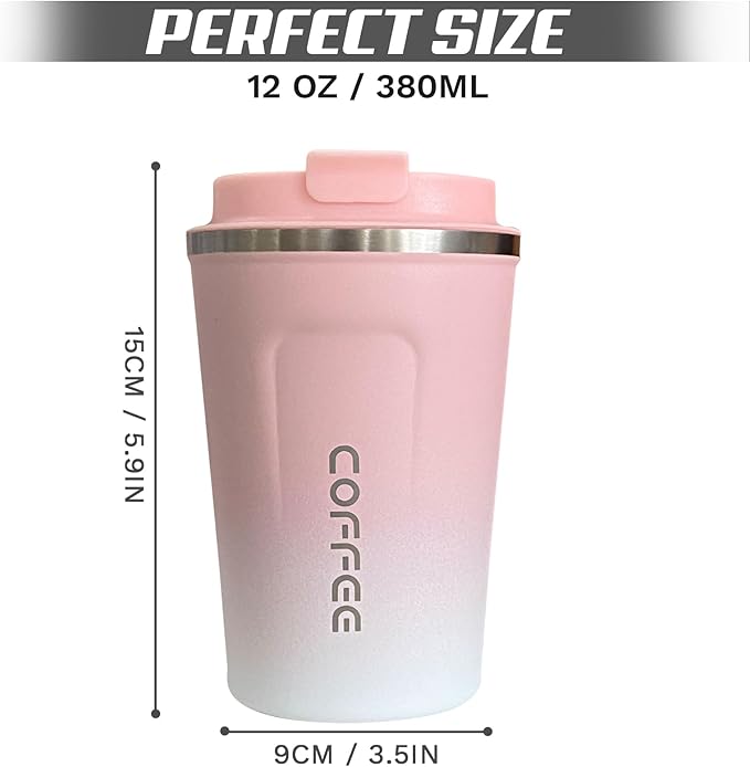 Travel coffee mugs leak-proof, reusable coffee cups with lids, stainless steel vacuum thermos coffee tumblers,thermal insulation cups for men and women hot & cold drinks(2nd-Pink White, 12OZ)