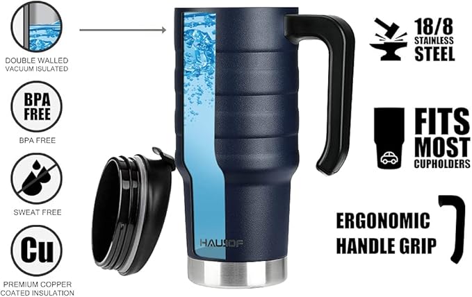 HAUSHOF 24 oz Travel Mug, Stainless Double Wall Vacuum Insulated Tumbler with Handle & Spill Proof Twist On Flip Lid and Wide Mouth, BPA Free (Navy Blue)