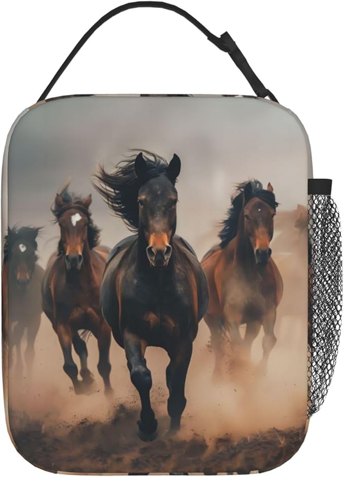Reusable Running Horse Lunch Box for Kids Girls Boys Women Adult, Insulated Wild Animal Lunch Bag,Polyester Cooler Handbags Case for School Picnic Work Travel Beach or Hiking (Action-Packed)