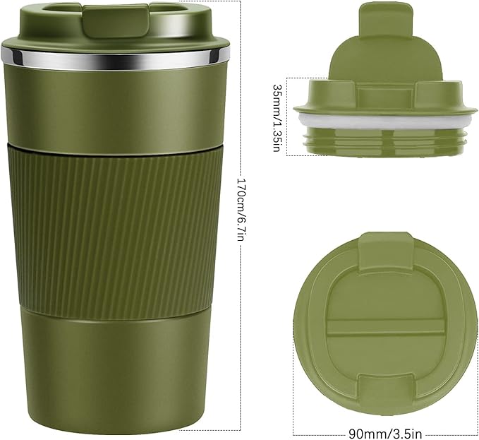 17oz Travel Coffee Cups Insulated Mug Thermal Tumbler to Go with Lid Leak Proof Reusable Stainless Steel Coffee Mug Spill Proof for Hot and Iced Cold Drinks (Green, 510ml)
