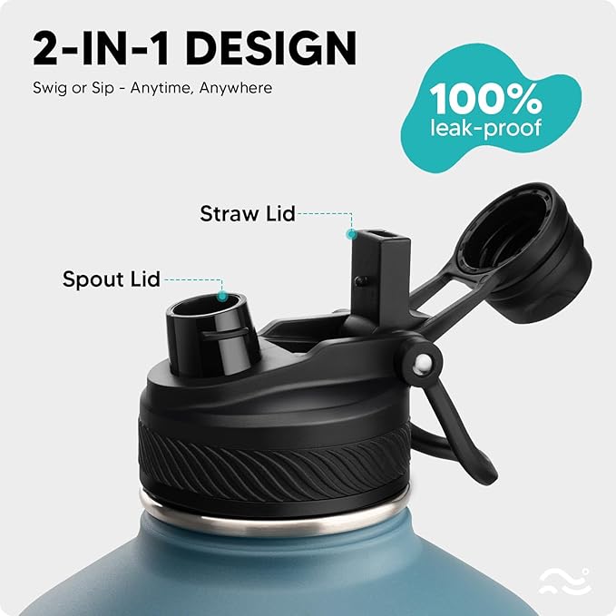 [2-IN-1 LID] Gallon Insulated Water Bottle with Silicone Boot (48hrs Cold/24hrs Hot) - DIY Stickers, Leakproof, BPA Free, 128 oz