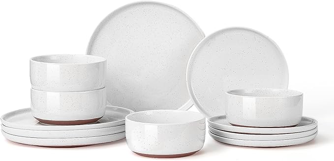 GZG Modern Art Series - 12 Pcs Speckled Stoneware Plates and Bowls Sets, Ceramic Dinnerware Set with Rustic Terracotta Underside, Microwave and Dishwasher Safe Handcrafted Dishes Set - Porcelain White