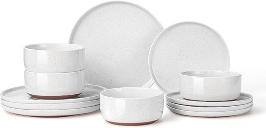 GZG Modern Art Series - 12 Pcs Speckled Stoneware Plates and Bowls Sets, Ceramic Dinnerware Set with Rustic Terracotta Underside, Microwave and Dishwasher Safe Handcrafted Dishes Set - Porcelain White