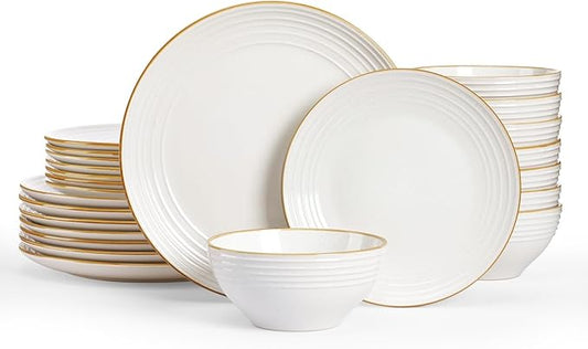 Famiware Jupiter Dinnerware Set, Plates and Bowls Dish Sets for 8 (24 Pieces), Microwave and Dishwasher Safe Stoneware Speckled Tableware, Chip and Scratch Resistant, White