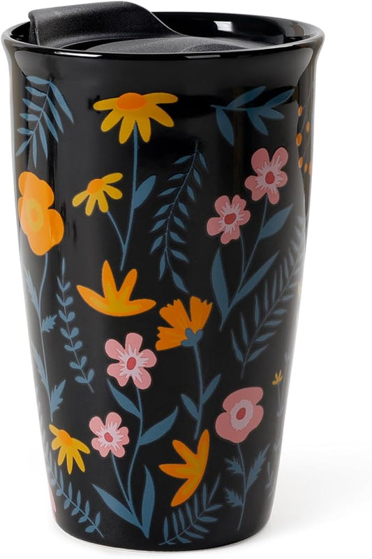 ANTIS'S HOME Ceramic Travel Mug with Lid, Flower Pattern Black Double Wall Coffee Mug Tumbler, Reusable Tall Cup, Splash Resistant Lid, Dishwasher Microwaveable Safe