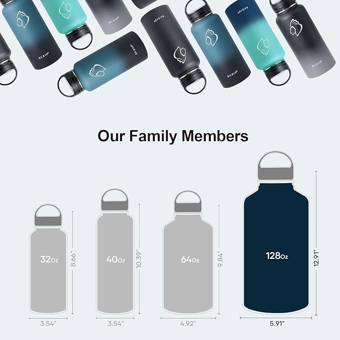 BUZIO Gallon Water Bottle Insulated with straw and 3 lids, 128 oz Water Jug Large Vacuum Stainless Steel Metal Flask, Leak Proof & BPA-Free, Cold for 48 Hrs, Indigo Crush