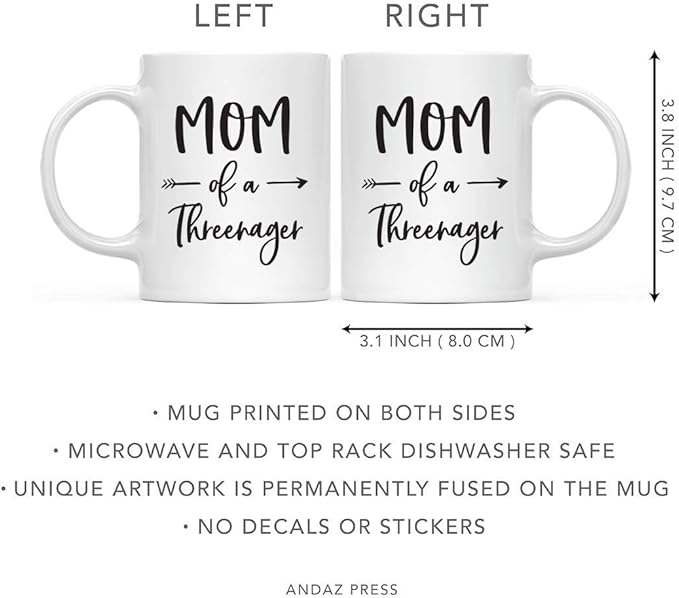 Andaz Press Mother's Day 11oz. Ceramic Coffee Tea Mug Gift for Mom, Mom of a Threenager, 1-Pack