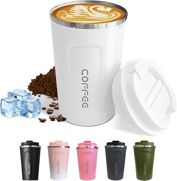 Travel coffee mugs leak-proof, reusable coffee cups with lids, stainless steel vacuum thermos coffee tumblers,thermal insulation cups for men and women hot & cold drinks(2nd-White, 12OZ)