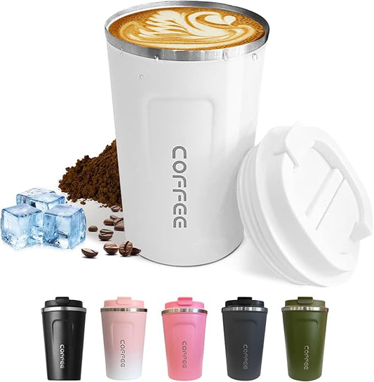 Travel coffee mugs leak-proof, reusable coffee cups with lids, stainless steel vacuum thermos coffee tumblers,thermal insulation cups for men and women hot & cold drinks(2nd-White, 12OZ)
