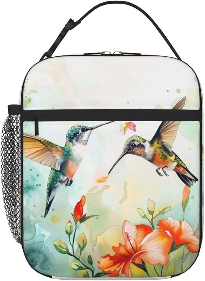 SUPLUCHOM Lunch Bag Hummingbird Flower Watercolor Insulated Bento Box Cooler with Side Pocket for Girl Boy Women Men Work School Picnic Hiking Daytrip