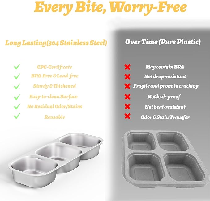 Stainless Steel Snack Containers for Kids Adults, 4 Pack 3 Compartment Metal Snack Containers Box with Lid, Reusable Food Storage Container, Leak Proof, Grab and Go