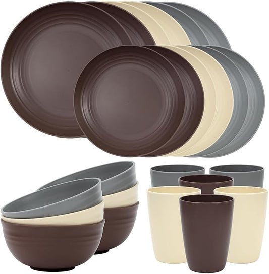 Quatish 24 Piece Plates and Bowls Sets for 6, Unbreakable Dinnerware Sets, Plastic Dish Set for Camping, Dishwasher Microwave Safe, Outdoor Kitchen and Apartment Dinning RV Essentials, Brown