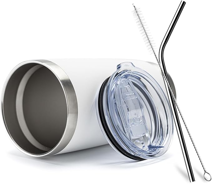 COMOOO 20oz White Tumbler Double Wall Vacuum Insulated Travel Mug Stainless Steel Coffee Mug with Lid and Straw Durable Powder Coated Insulated Coffee Cup for Cold & Hot Drinks (White,12 pack