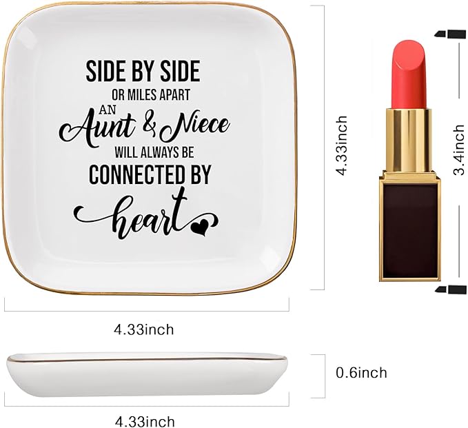 Aunt & Niece Ring Trinket Dish - Connected By Heart, Birthday Christmas Valentines Mother's Day Gift, White