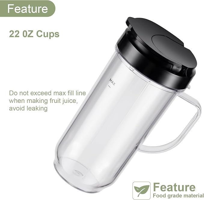 4-piece Tall 22oz Mug Cups with Flip-Top To-Go Lids Replacement Parts Compatible with 250W Magic Bullet Blender Cups MB1001