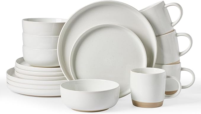 Famiware Milkyway Dinnerware Set with Mugs, Service for 4 (16pcs), Ribbed Stoneware Plates and Bowls Dishes Sets - Chip & Scratch Resistant, Microwave & Dishwasher Safe, White