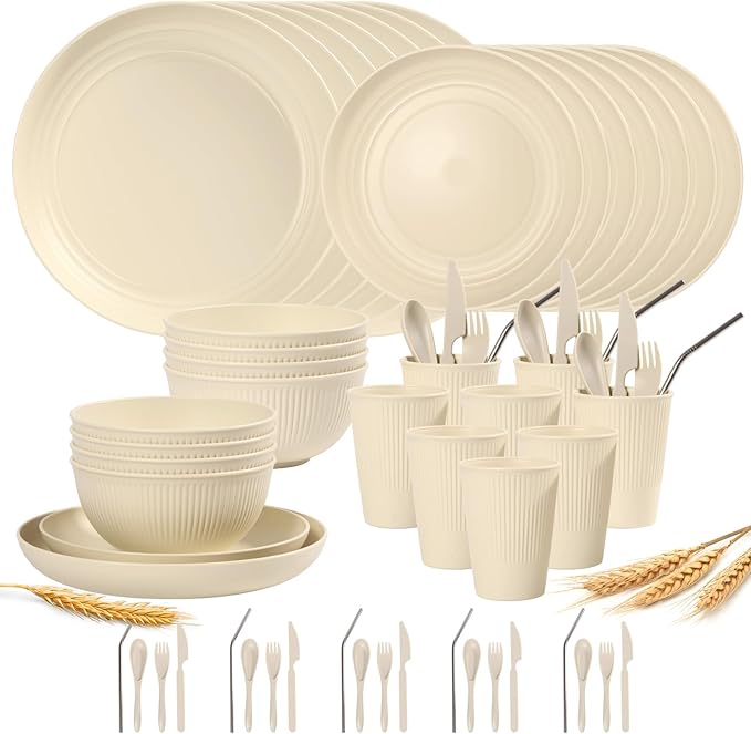 64PCS Wheat Straw Dinnerware Set for 8 BPA Free Kitchen Unbreakable Set for Home Outdoor Camping