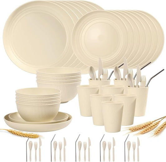 64PCS Wheat Straw Dinnerware Set for 8 BPA Free Kitchen Unbreakable Set for Home Outdoor Camping