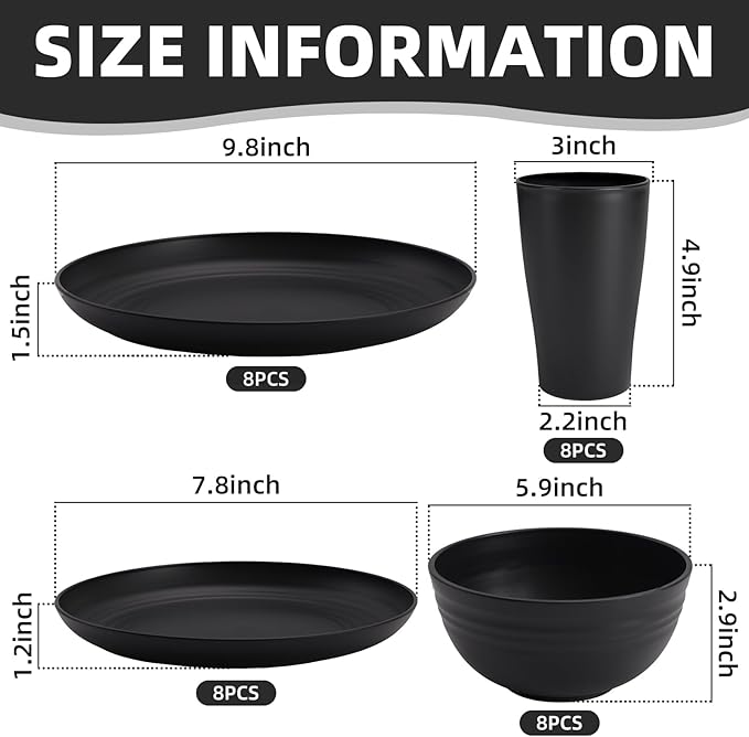 Black Plates and Bowls Sets for 8,Wheat Straw Dinnerware Sets Black Plastic Reusable Dishwasher Safe for Kitchen Halloween Camping,32 Pcs Lightweight Unbreakable Plastic Dishes Set Outdoor