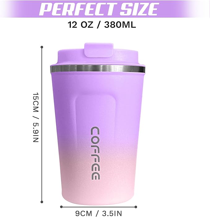Travel coffee mugs leak-proof, reusable coffee cups with lids, stainless steel vacuum thermos coffee tumblers,thermal insulation cups for men and women hot & cold drinks (2nd-Purple Pink, 12OZ)