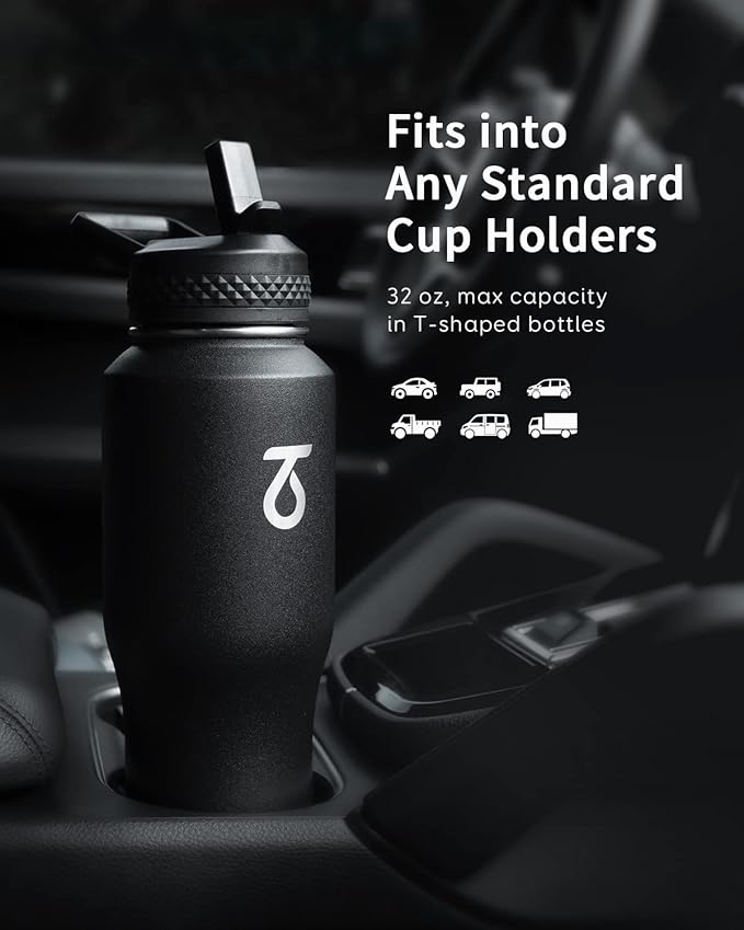 Trebo 32 oz Water Bottle Insulated Fit in Any Car Cup Holder,Triple Wall Vacuum Stainless Steel Water Bottles (Keep Cold for 48 Hrs),Leakproof Tumbler Flask with Paracord Handle,Straw Spout Lids